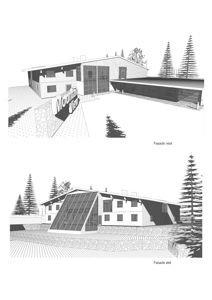 Tegning som viser fasadevest og fasadeøst for en bygning kalt 'Mountain View'.