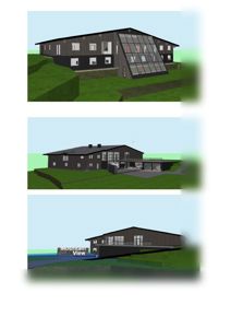 Tre 3D-visualiseringer (renderinger) av en planlagt bygning sett fra ulike vinkler: en frontside med stor glassfasade, en sidevisning med kjellerinngang og en bakside med 'Mountain View'-skilt.