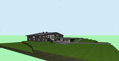 3D-visualisering av en planlagt bygning på et grønt terreng med vei og garasje.