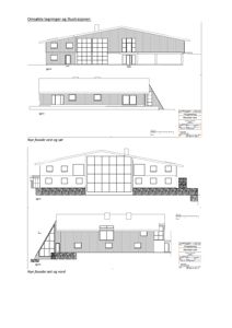 Bildet viser fasadetegninger (opprikk) av en bygning sett fra flere vinkler (vest, sør, øst og nord).