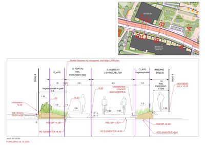 Snittegning som viser tverrsnitt av en vei eller gangvei med høydeforhold, vegger og innkjøringer.