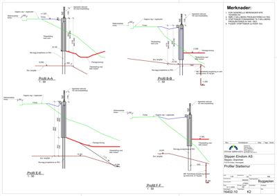 Snittegning (profiler) av støttemur med høyde- og lengdemål.