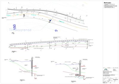 Snittegning som viser overslagning av støttemur med profil og høydemål.