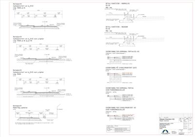 En samling av snittegninger (Norskeprofiler) som viser tverrsnitt av veier, fortau og parkeringskjeller med detaljer om høyder og konstruksjoner.