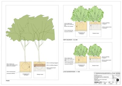 Detaljtegning for landskapsarbeider som viser planlegging av trær, busker og hekk med spesifikke mål for jordlag og plantemateriale.