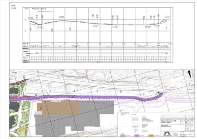 Situasjonsplan med profilering (profil) av terreng og vei, samt bygningssilhuett.