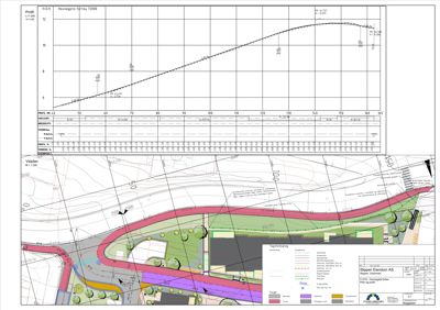 Etasjeplan eller situasjonsplan som viser romfordeling, vegforløp og terrengprofil for et bygg eller anlegg.