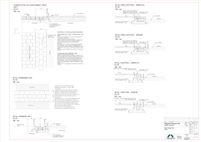 Tekniske detaljtegninger for steingjerd, inkludert oppriss av kantstein, rennebrunn og detaljer for utfylling og fylling.