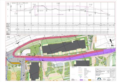 Situasjonsplan med bygning, veg, og terrengprofilering