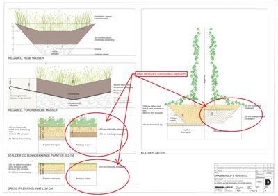 Snittegning som viser detaljerte snitt av ulike vegetasjonsløsninger, inkludert regnbass, klitreplanter og gress, med spesifikke målinger og lagbeskrivelser.