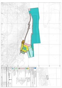 Situasjonsplan som viser tomtens plassering i forhold til nabolag, med overlappet reguleringsplan og fargekoding for ulike arealtyper.