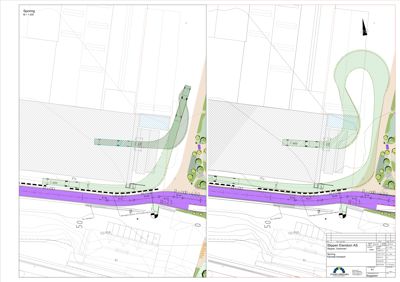 Situasjonsplan som viser bygningens plassering i forhold til vei og nabotomter, med detaljer om vegbredder og beplantning.