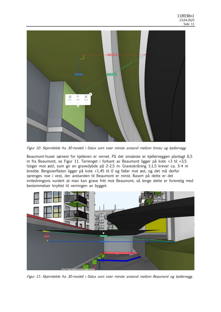 Bildet viser skjermbilder fra en 3D-modell i Dalux som illustrerer bygningens fasade og grunnplan med mål og avstander.