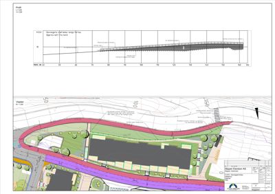 Bildet viser en situasjonsplan (Vasjplan) med etasjeplan og høydekurver, samt en profilering (Profil) over terrenget. Det viser bygningens plassering i forhold til veier og natur.