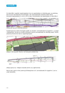 Bildet viser utklipp fra situasjonsplaner og profiltegninger som illustrerer planlagt opparbeidelse av gang- og sykkelveg, samt plassering av en forstøtningsmur i forhold til eksisterende veier og bygninger.