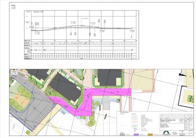 Bildet viser en situasjonsplan med to deler: øverst et høydeprofil (profil) og nederst en planvisning av tomten med bygninger, veier og beplantning.