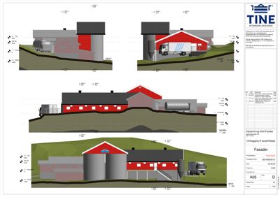 Fasadetegning som viser bygningens utseende fra fire sider (NORD, SYD, ØST, VEST) med høydemål og bilde av lastebil.