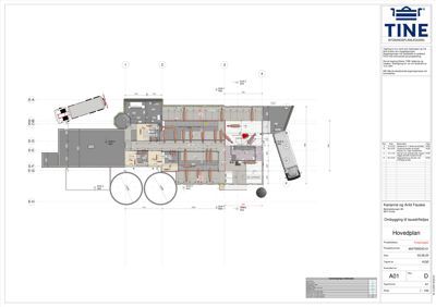 Hovedplan (etasjeplan) som viser romfordeling, dimensjoner og utstyr for en ombygging av laurdriftstøls.