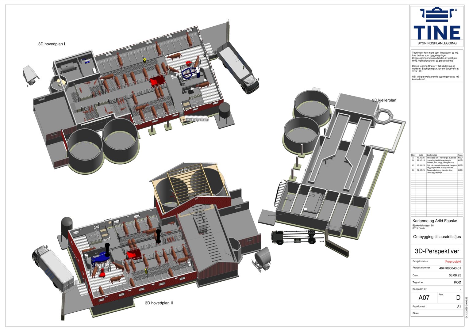 3D-perspektivtegning av en bygning (kveitehus) med innvendig og utvendig detaljering, inkludert maskiner og kjøretøy.