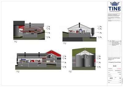 Tegning med fire snittegninger (Snitt 1-4) som viser tverrsnitt gjennom en laudriftsbygning.