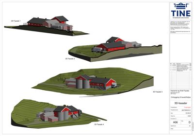 3D-visualiseringer av fasader (3D Fasade 1-4) for en laudriftsbygning i et terreng.