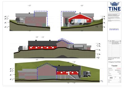 Fasadetegning (opprikk) som viser bygningens utseende fra fire sider (NORD, SYD, ØST, VEST) med høydeangivelser og en lastebil for skala.