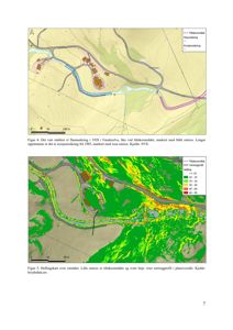 Bildet viser to kart (Figur 4 og Figur 5) som illustrerer et flom- og erosjonsvernprosjekt. Kartene viser topografi, vannløp, veier og bygninger med overlagte data om tiltaksområder og terrengprofil.