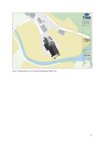 Situasjonsplan som viser en bygning (driftsbygning) i forhold til omgivelsene, inkludert veier og vannløp.