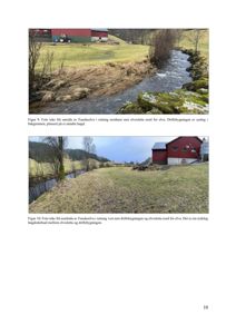 Fotografier av en elv (Fauskeelva) og en rød driftsbygning sett fra ulike vinkler.