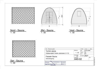 Fasadetegning for en sauna, som viser utsiden sett fra nord, øst, vest og sør.