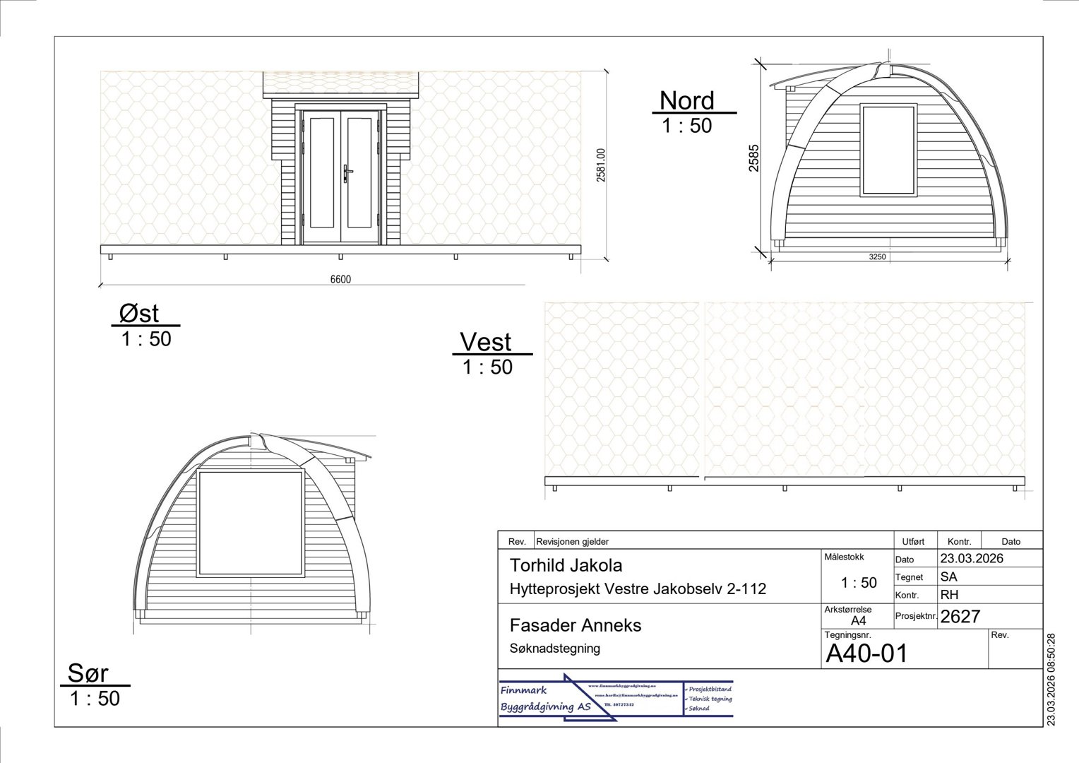 Fasadetegning som viser bygningens utsyn fra alle fire sider (Nord, Sør, Øst, Vest) med mål og detaljer.