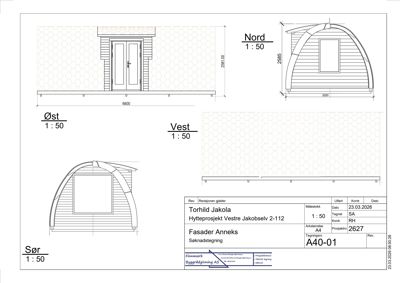 Fasadetegning som viser bygningens utsyn fra alle fire sider (Nord, Sør, Øst, Vest) med mål og detaljer.