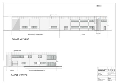 Bildet viser fasadetegninger for en bygning, spesifikt 'FASADE MOT VEST' og 'FASADE MOT SYD', med detaljer om eksisterende og tilbygg.