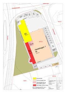 Situasjonsplan som viser tomtens grenser, nabolag, eksisterende og planlagt bygninger (Hestehagen 1), samt parkeringsplasser og veier.