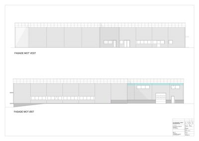 Bildet viser to fasadetegninger av en bygning, merket 'FASADE MOT VEST' og 'FASADE MOT ØST'.