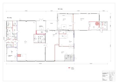 Etasjeplan (B1-1.etg og B2-1.etg) som viser romfordeling, veggtykkelse og dimensjoner.