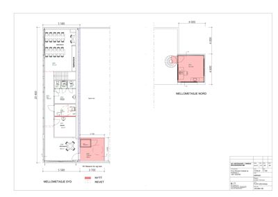 Etasjeplan som viser romfordeling og mål for 'MELLOMETASJE SYD' og 'MELLOMETASJE NORD'.