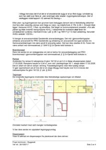 Etasjeplan (1. etasje) med romfordeling, dører, vinduer og mål. Røde streker markerer manglende rombetegnelse.