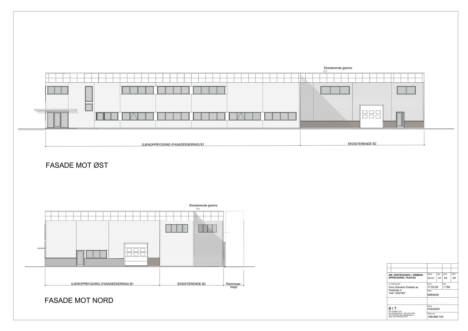Fasadetegning som viser utsiden av bygningen sett fra øst og nord.