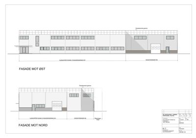 Fasadetegning som viser utsiden av bygningen sett fra øst og nord.
