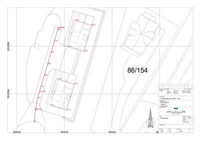Situasjonsplan som viser tomtens geometri, nabotomter, eiendomsnummer (86/154) og bygningers plassering i forhold til hverandre.