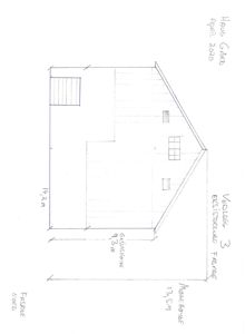 Håndtegnet oppriss (fasetegning) av en bygning sett fra siden, med angivelse av eksisterende og nye fasader samt mål.