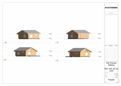 Fasadetegning som viser bygningens utseende fra fire sider: Nord, Sør, Vest og Øst.