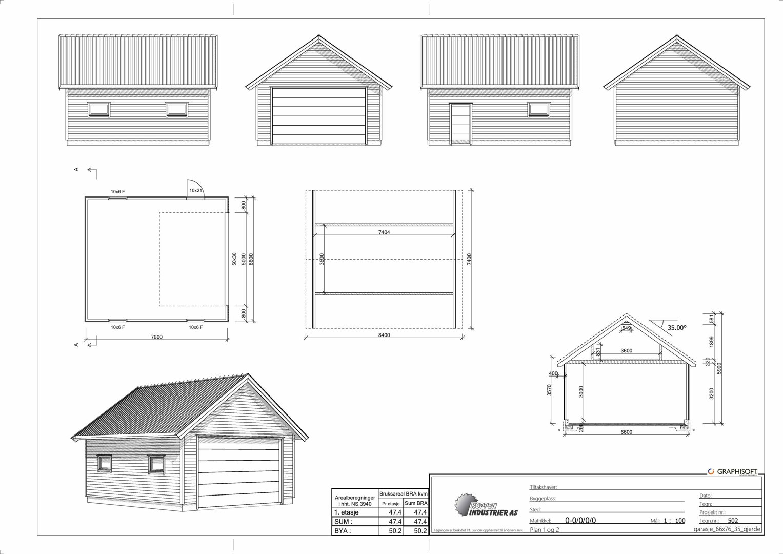 Bildet viser fasadetegninger (opprikk) av en garasje, inkludert et 3D-utsnitt og tekniske mål for fronten.