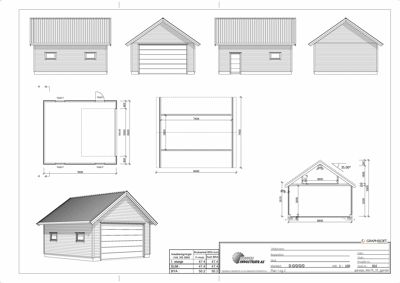 Bildet viser fasadetegninger (opprikk) av en garasje, inkludert et 3D-utsnitt og tekniske mål for fronten.
