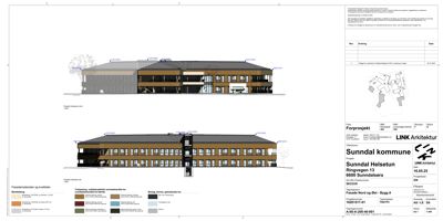 Fasadetegning som viser bygningens utseende fra front og side, med detaljer om materialer og farger.
