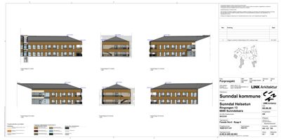 Fasadetegning som viser bygningens utseende fra ulike vinkler (front, side og bakside) med fargelegging for materialer.