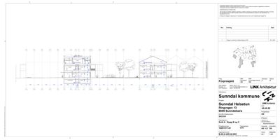 Fasadetegning (opprikk) som viser bygningens utseende fra siden, inkludert vinduer, takform og omgivelsene.