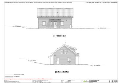 Fasadetegning som viser bygningens utseende fra sør og øst med oppgitt høyder.