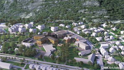 3D-visualisering (rendering) av et boligområde med en sentral bygning, sett fra lufta. Bildet viser bygningers plassering, form og farge i forhold til terrenget og omgivelsene.